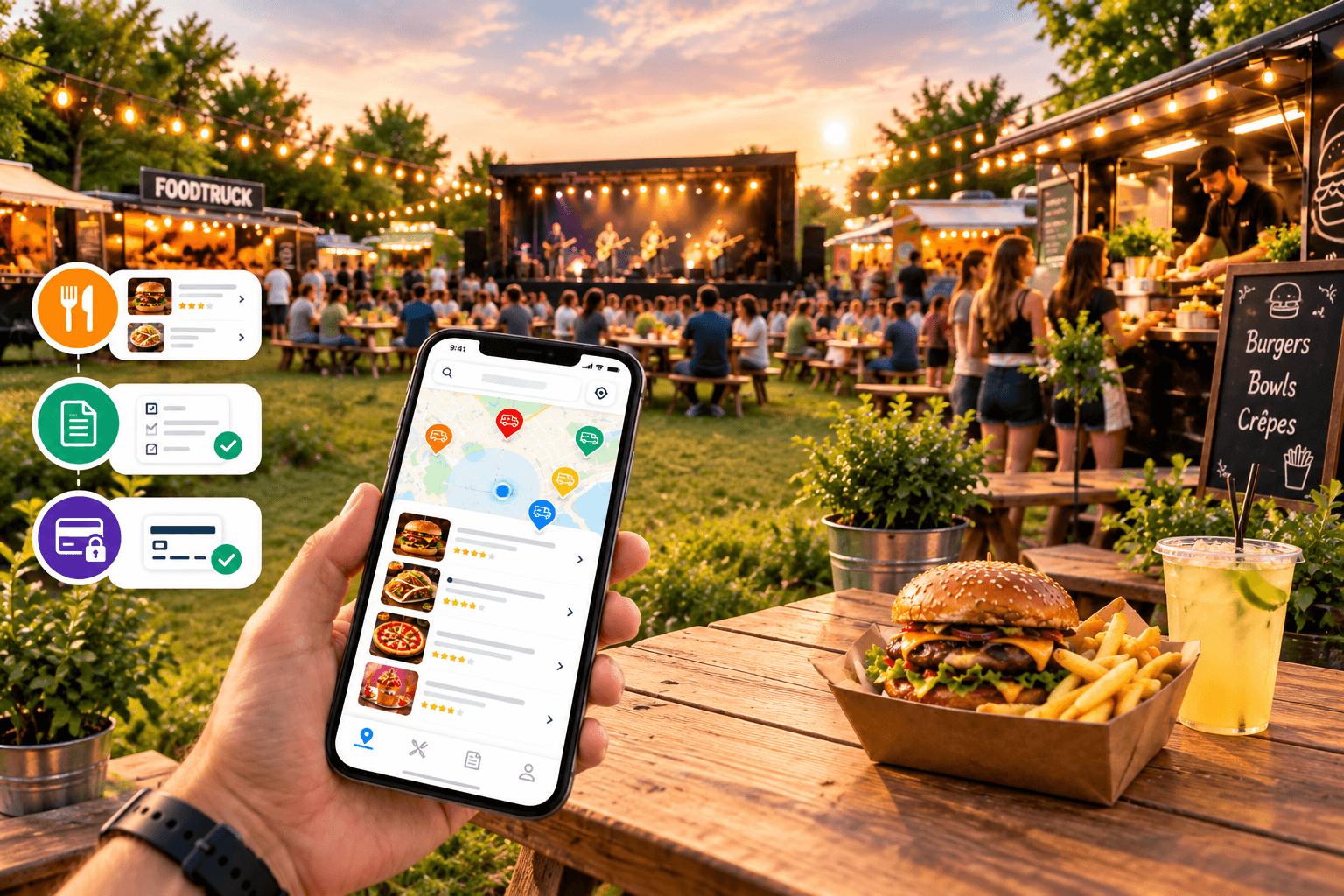 Un client consulte la carte des food trucks à proximité sur son téléphone lors d'un événement