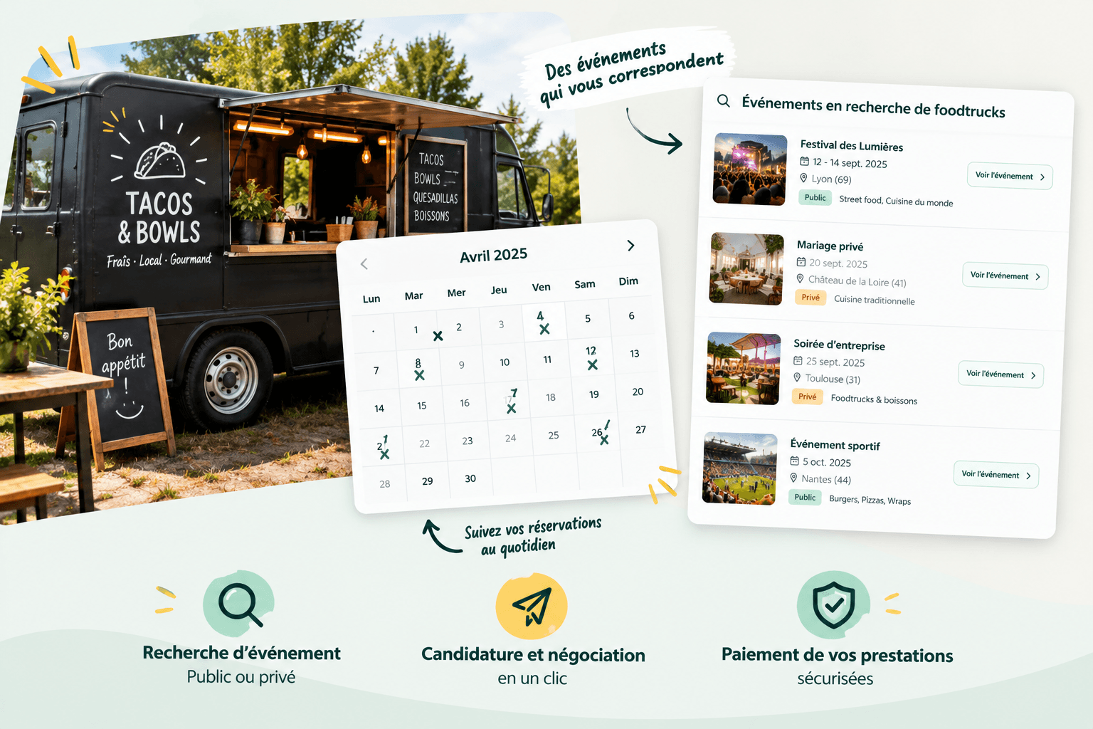 Un food truck de tacos avec l'interface de recherche d'événements et le calendrier de réservations